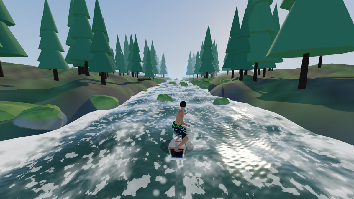 Racing down a creek past waterfalls