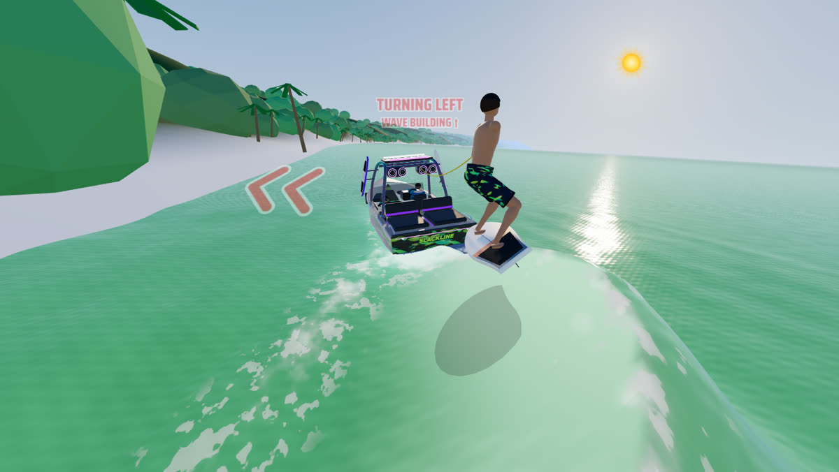 Wakesurfing in a tropical lagoon with palm trees