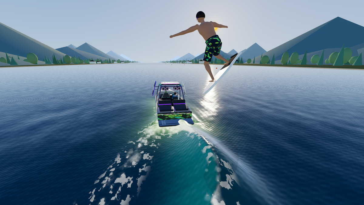 A wakesurfer high in the air behind the boat on the Local Lake