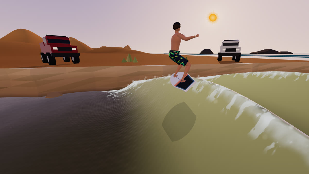 Surfing a river wave at golden hour
